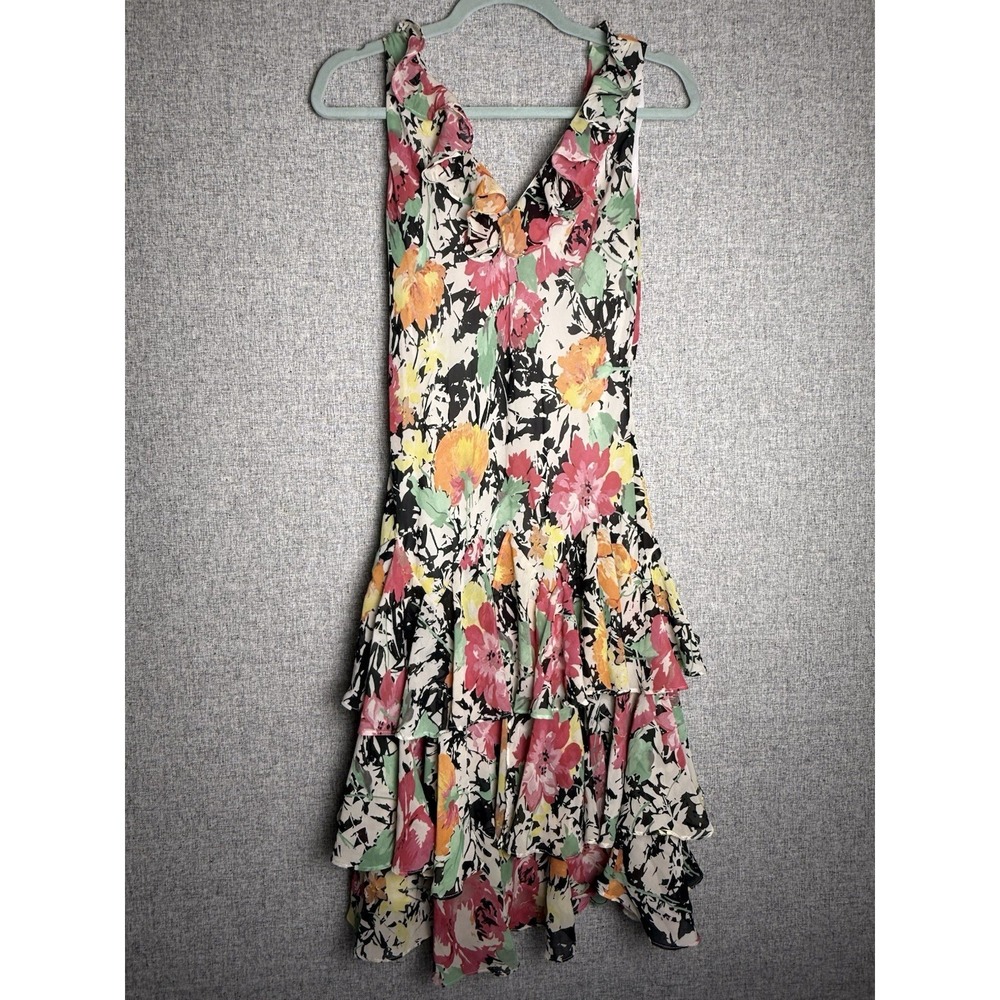 Vintage Lauren Ralph Lauren Floral Chiffon Ruffle Midi V Neck Dress Pink Black 4